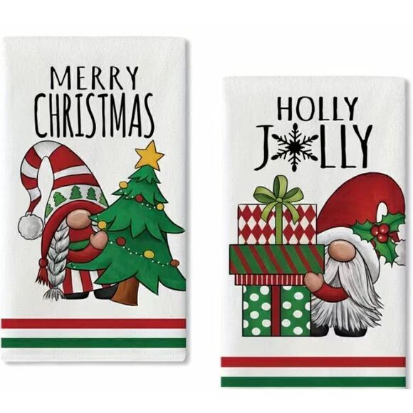 NWT Set Of 2 Holly Jolly Christmas Santa Gnome Kitchen Hand Towels - Picture 4 of 4